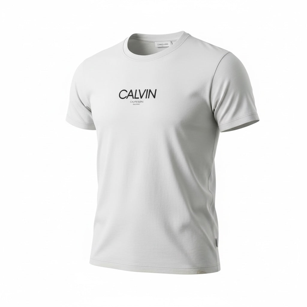 picknpack Calvin Klein light grey crew neck t-shirt with a minimalist black chest logo in soft cotton blend