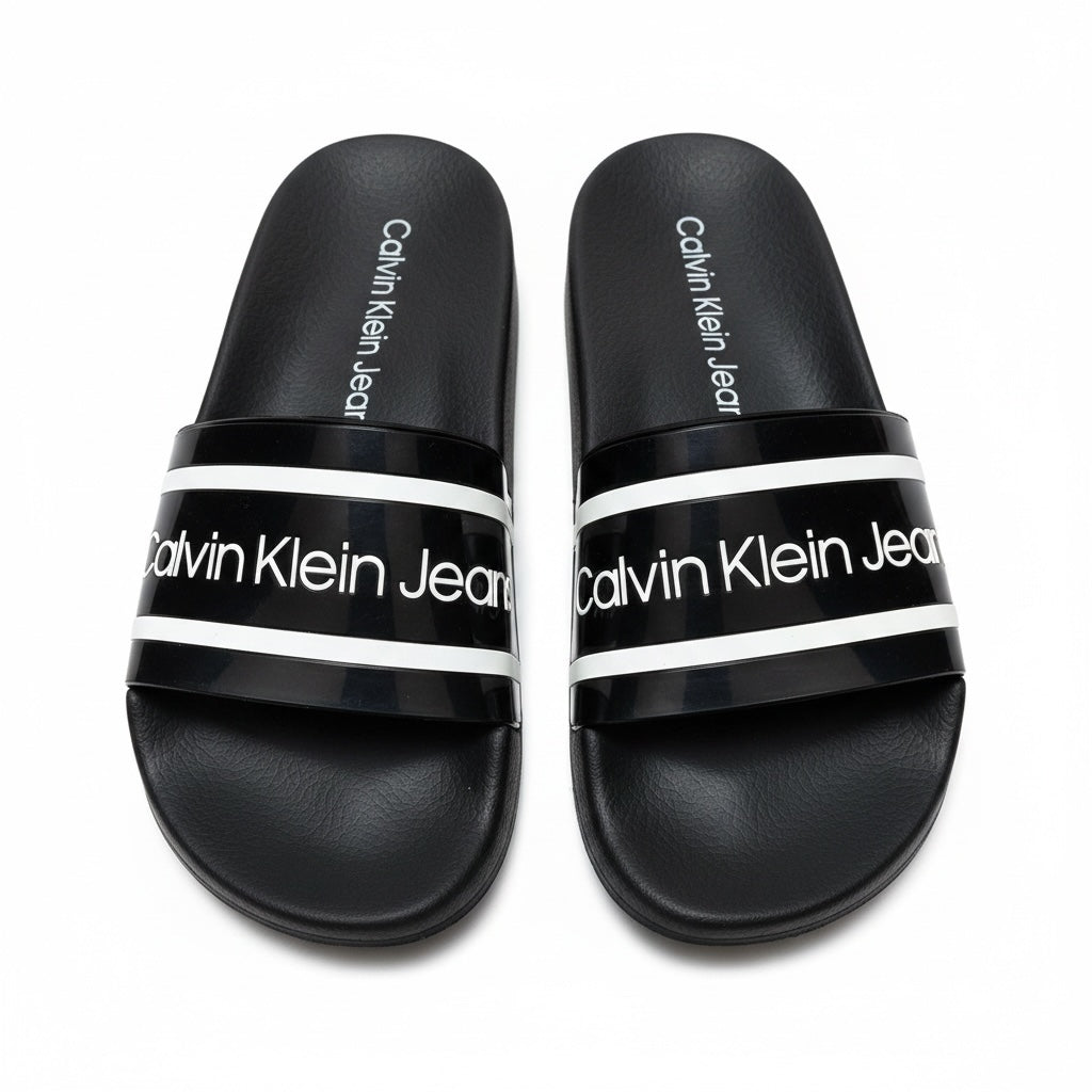 picknpack Calvin Klein Jeans black pool slide sandals with white logo strap and contoured footbed