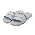 picknpack Calvin Klein Jeans light grey slide sandals with blue piping and embossed logo on the strap