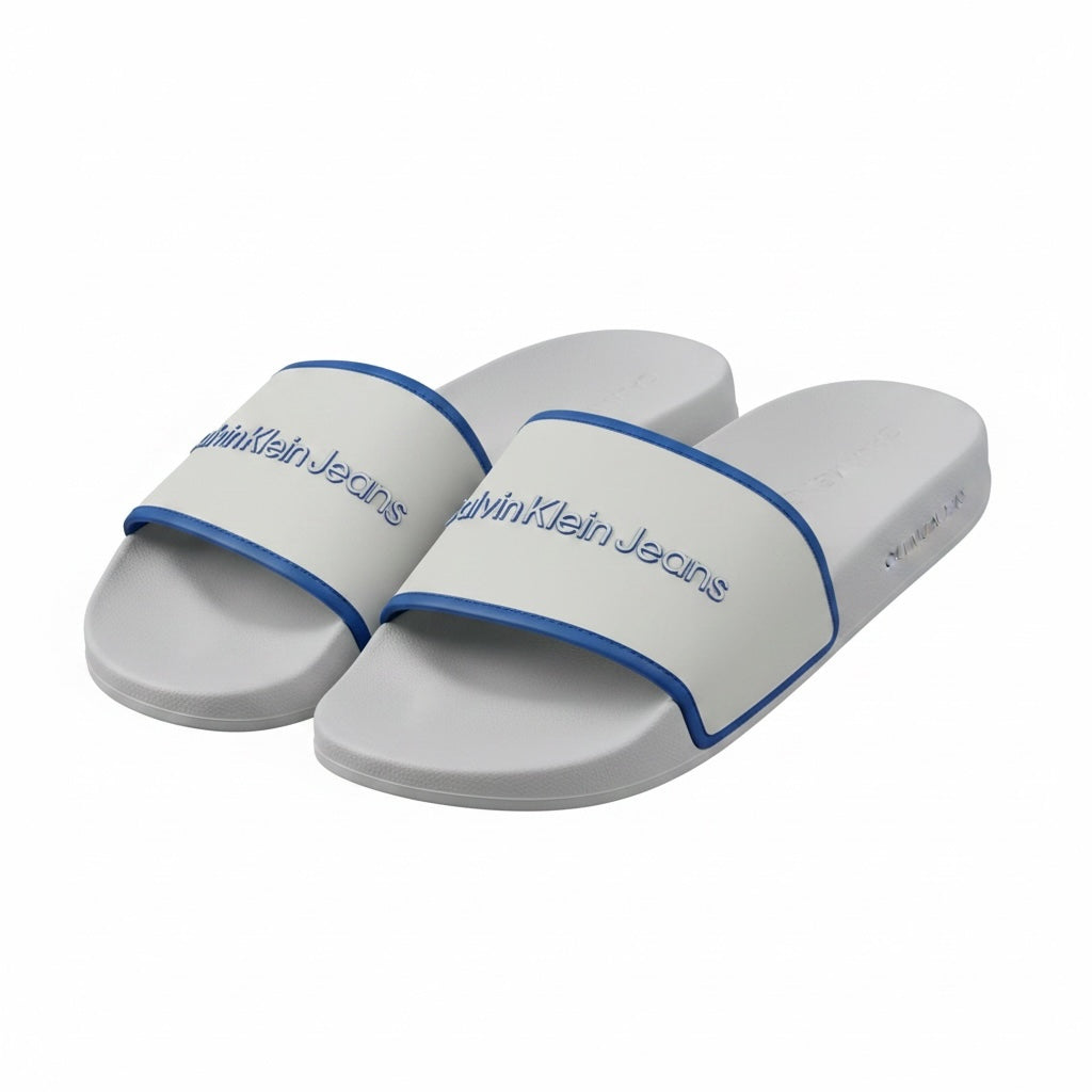 picknpack Calvin Klein Jeans light grey slide sandals with blue piping and embossed logo on the strap