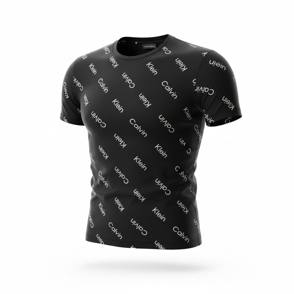 picknpack Calvin Klein black crew neck t-shirt with a repeating white logo print pattern