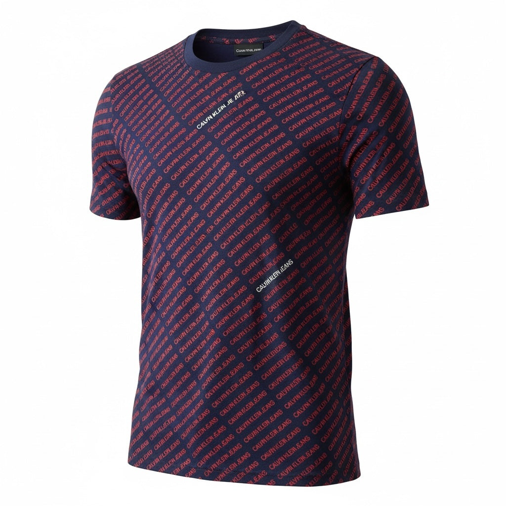 picknpack Calvin Klein Jeans navy blue crew neck t-shirt with red all-over monogram logo print in soft cotton blend