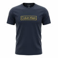 picknpack Calvin Klein navy crew neck t-shirt with a bold gold-toned rectangular logo graphic on the chest