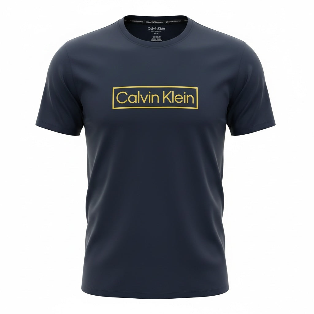 picknpack Calvin Klein navy crew neck t-shirt with a bold gold-toned rectangular logo graphic on the chest