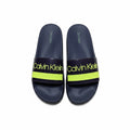 picknpack Calvin Klein navy pool slide sandals with neon yellow logo strap and contoured footbed
