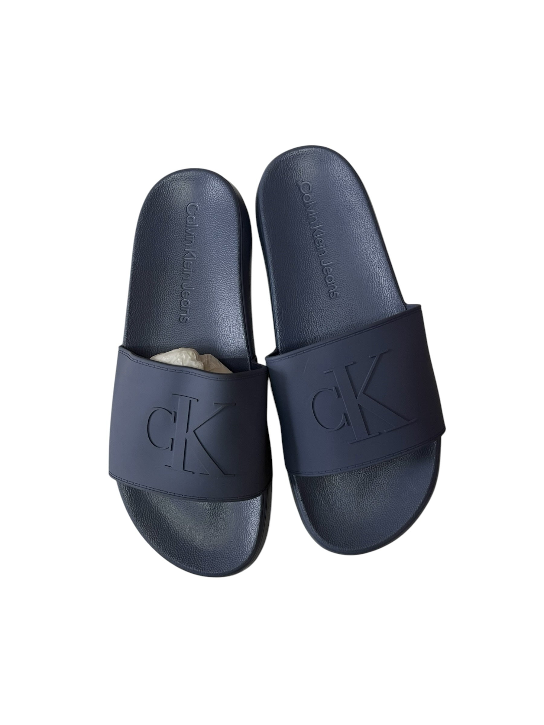 picknpack Calvin Klein Jeans navy blue synthetic pool slide sandals with embossed logo on the wide strap