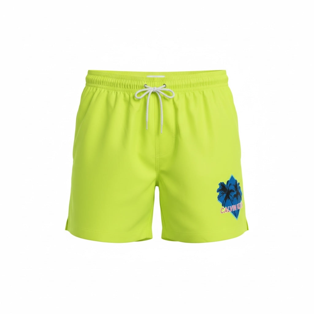 picknpack Calvin Klein neon lime swim shorts with elastic drawstring waist and palm tree graphic on the leg