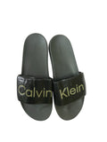picknpack Calvin Klein olive slide sandals with a wide strap and embossed logo on a cushioned footbed