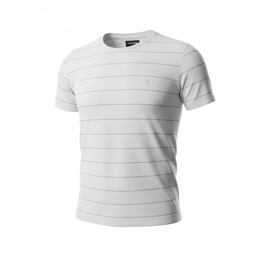 picknpack Calvin Klein white crew neck t-shirt with subtle grey horizontal stripes and a tonal chest logo