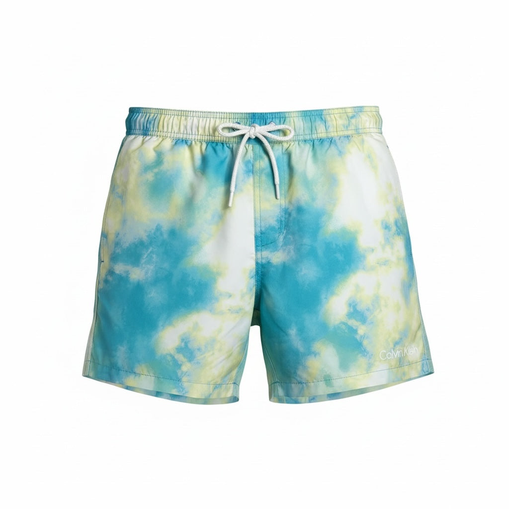 picknpack Calvin Klein men's blue and yellow tie-dye swim shorts with an elastic drawstring waistband.