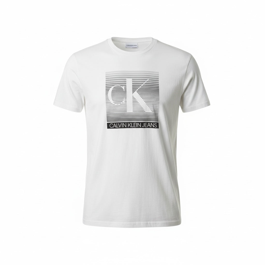 picknpack Calvin Klein Jeans white crew neck t-shirt with a black and white gradient line logo graphic on the chest.