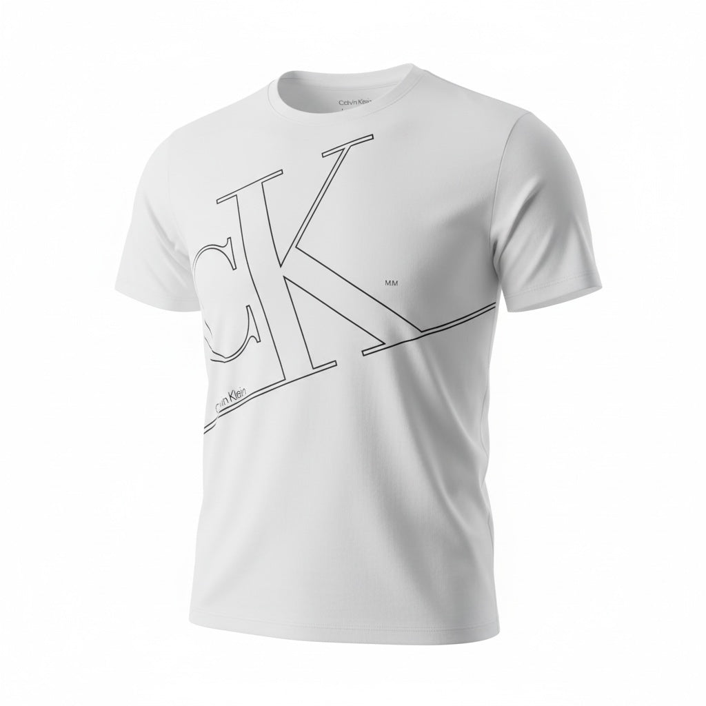 picknpack white Calvin Klein crew neck t-shirt featuring a bold black outline logo graphic on soft cotton fabric