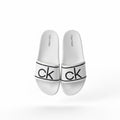 picknpack Calvin Klein white pool slide sandals with black ck logo on the strap and contoured footbed