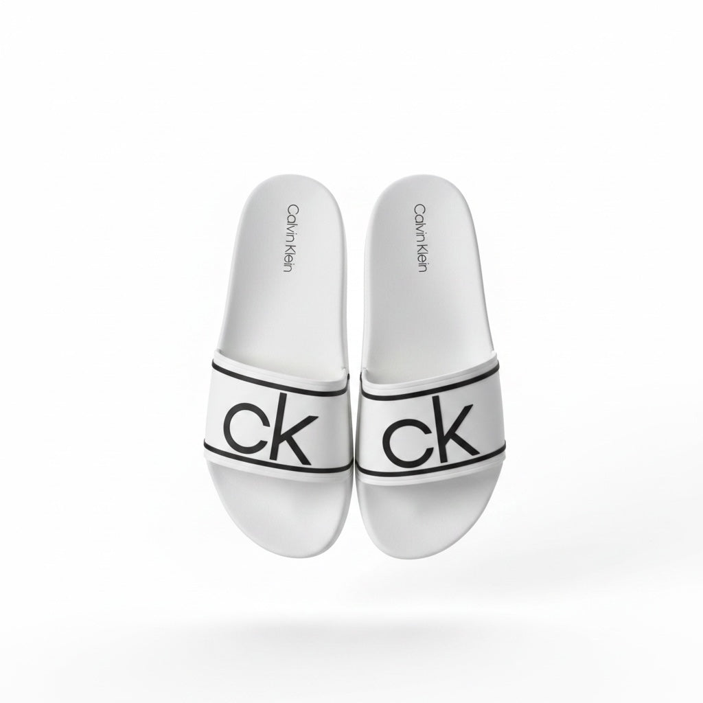 picknpack Calvin Klein white pool slide sandals with black ck logo on the strap and contoured footbed