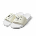 picknpack Calvin Klein white pool slide sandals with black logo on a wide strap and contoured footbed