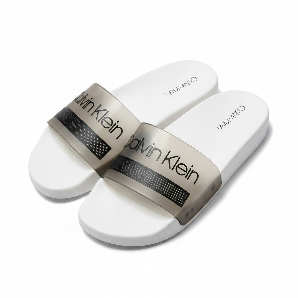 picknpack Calvin Klein white slide sandals with a semi-transparent strap and black logo branding