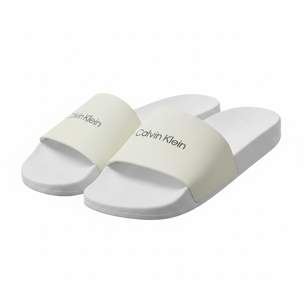 picknpack Calvin Klein white synthetic open toe slide sandals with logo strap and contoured footbed