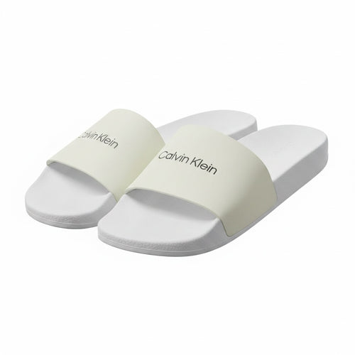 picknpack Calvin Klein white synthetic open toe slide sandals with logo strap and contoured footbed
