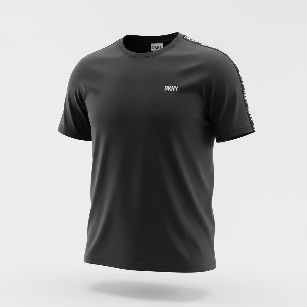 picknpack DKNY black crew neck t-shirt with short sleeves, chest logo, and branded shoulder tape detail.
