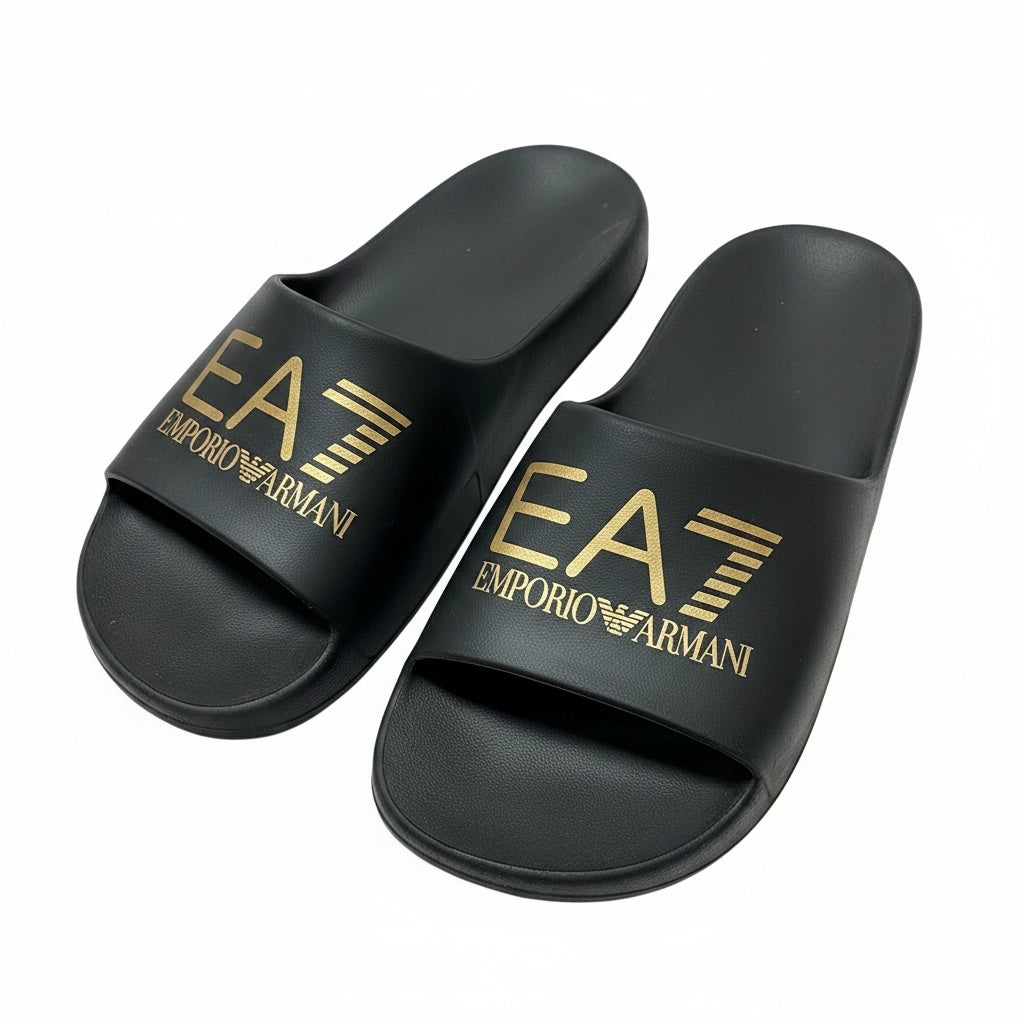 picknpack EA7 Emporio Armani matte black pool slides with metallic gold logo on the strap