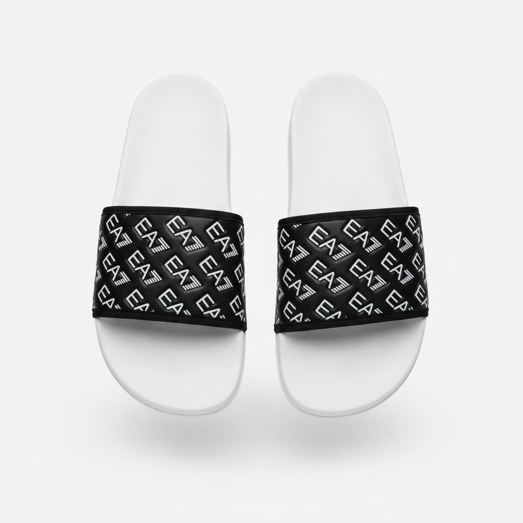 picknpack EA7 Emporio Armani black pool slides with white logo pattern and contoured white sole