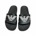picknpack Emporio Armani black rubber pool slides with white eagle logo print on the wide strap