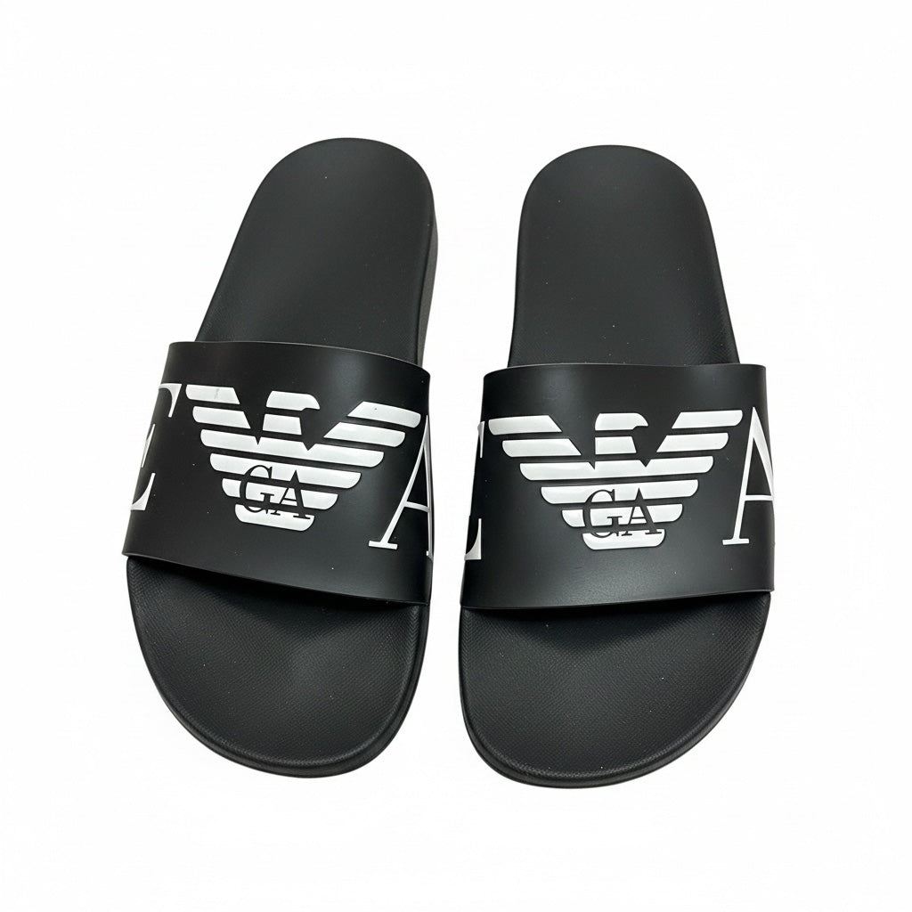 picknpack Emporio Armani black rubber pool slides with white eagle logo print on the wide strap
