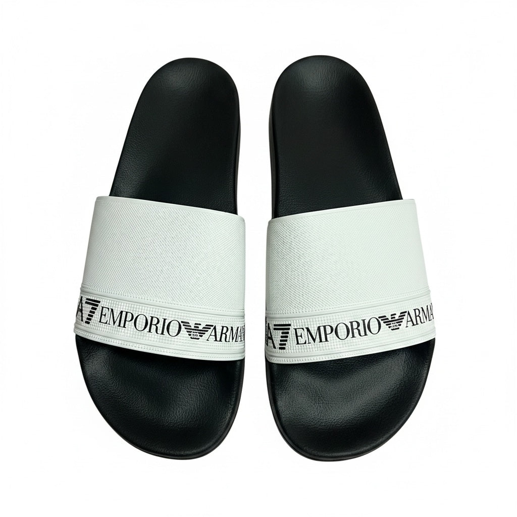picknpack Emporio Armani slide sandals with white textured straps and black contoured footbeds featuring logo print
