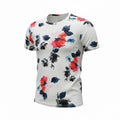 picknpack men's short sleeve crew neck t-shirt in white with a vibrant red, pink, and navy blue floral print.