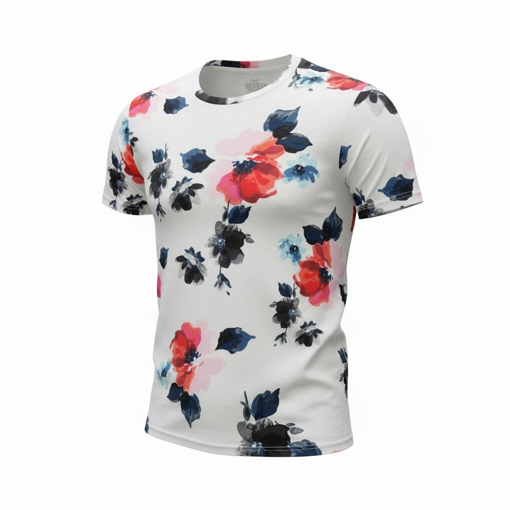 picknpack men's short sleeve crew neck t-shirt in white with a vibrant red, pink, and navy blue floral print.