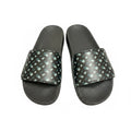 picknpack casual slide sandals with a dark base and geometric pattern on the strap, featuring a contoured footbed.