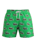 picknpack green Lacoste swim trunks with all-over crocodile print, elasticated drawstring waist, and side pockets.