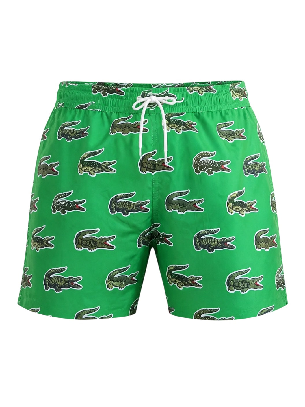picknpack green Lacoste swim trunks with all-over crocodile print, elasticated drawstring waist, and side pockets.