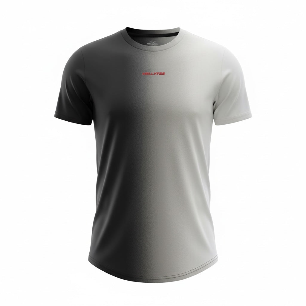 picknpack HELLYTES grey gradient performance t-shirt with crew neck and small red chest logo