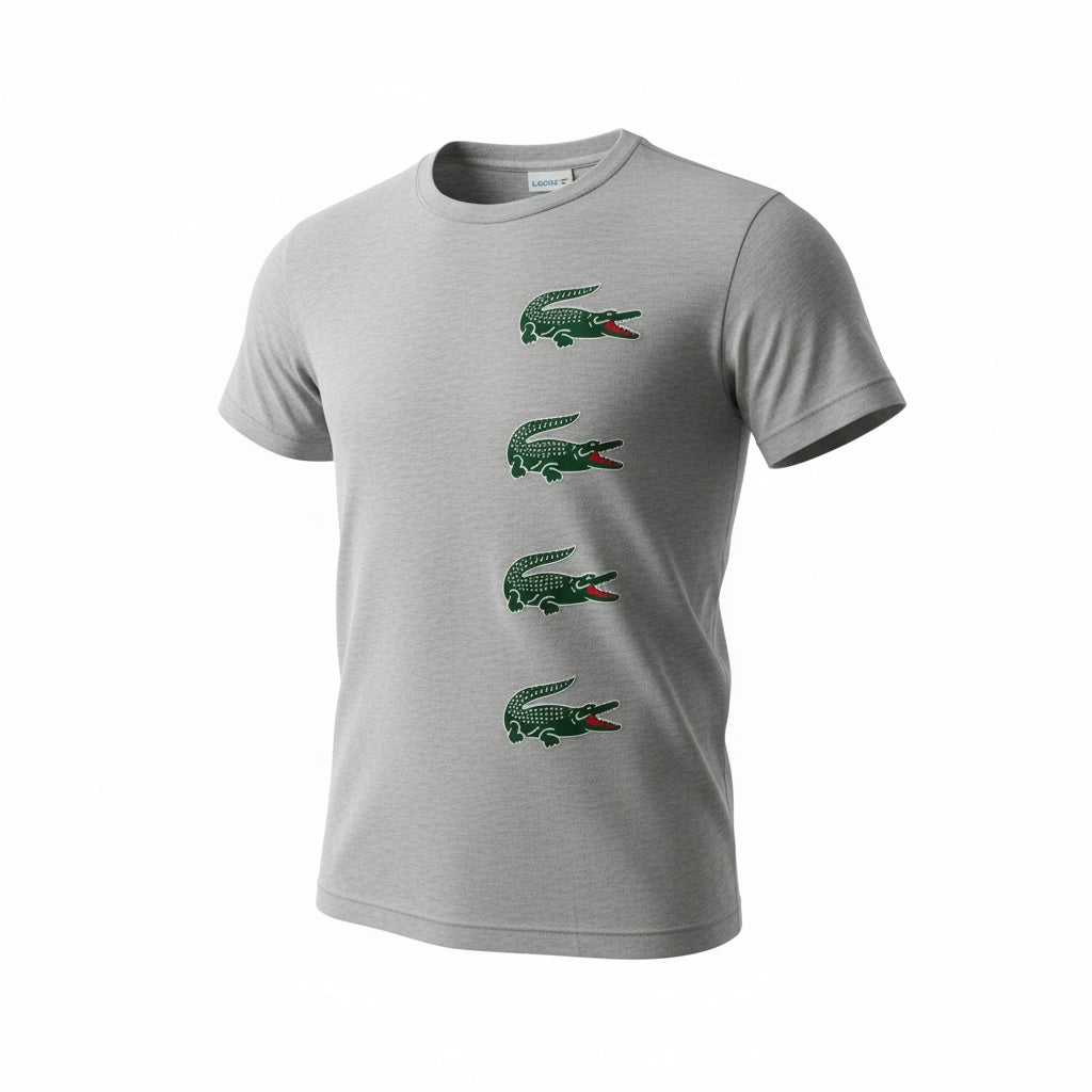 picknpack grey heather crew neck t-shirt with four stacked crocodile logos on the chest in soft cotton-blend fabric