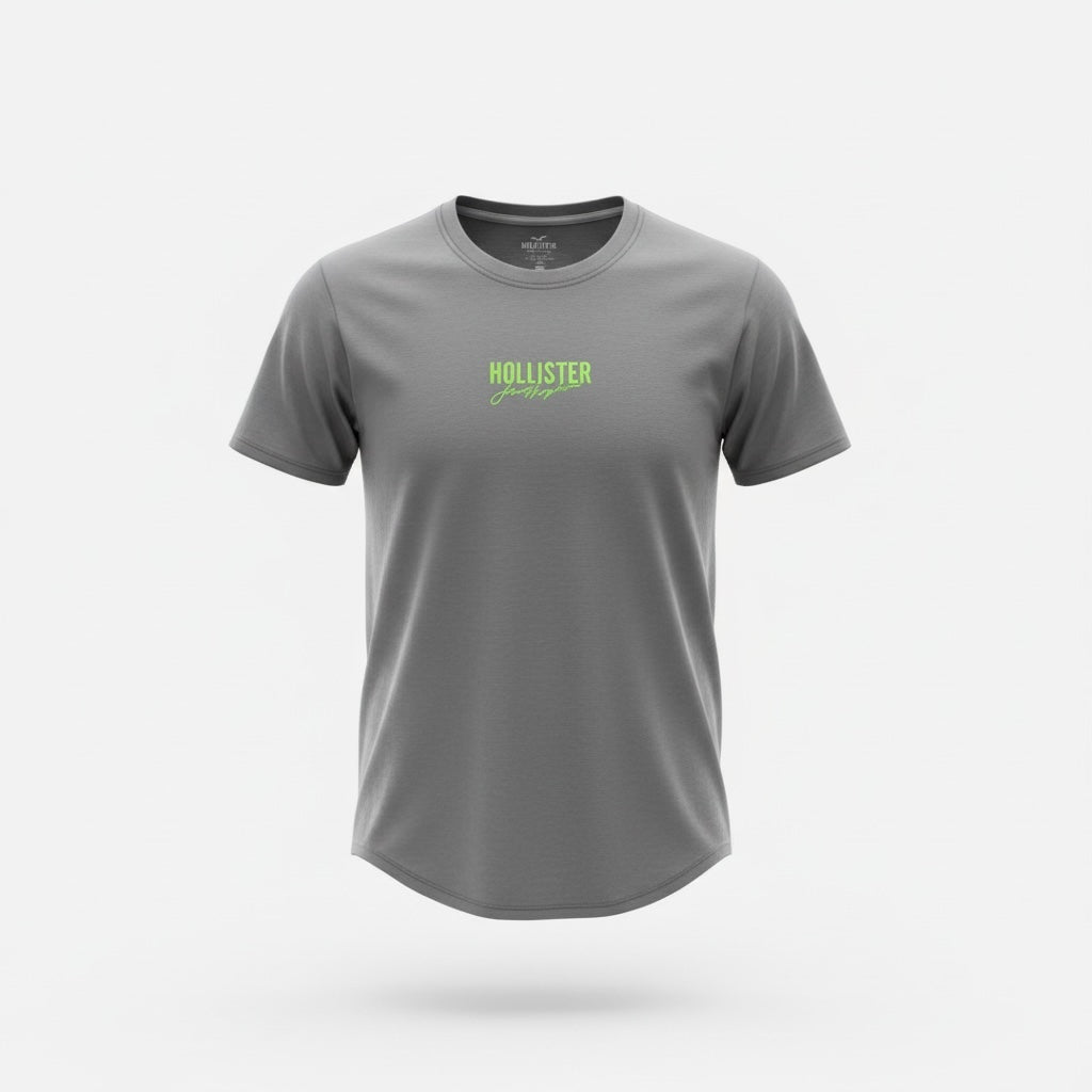 picknpack grey Hollister short sleeve crew neck t-shirt with a vibrant lime green chest logo and curved hem
