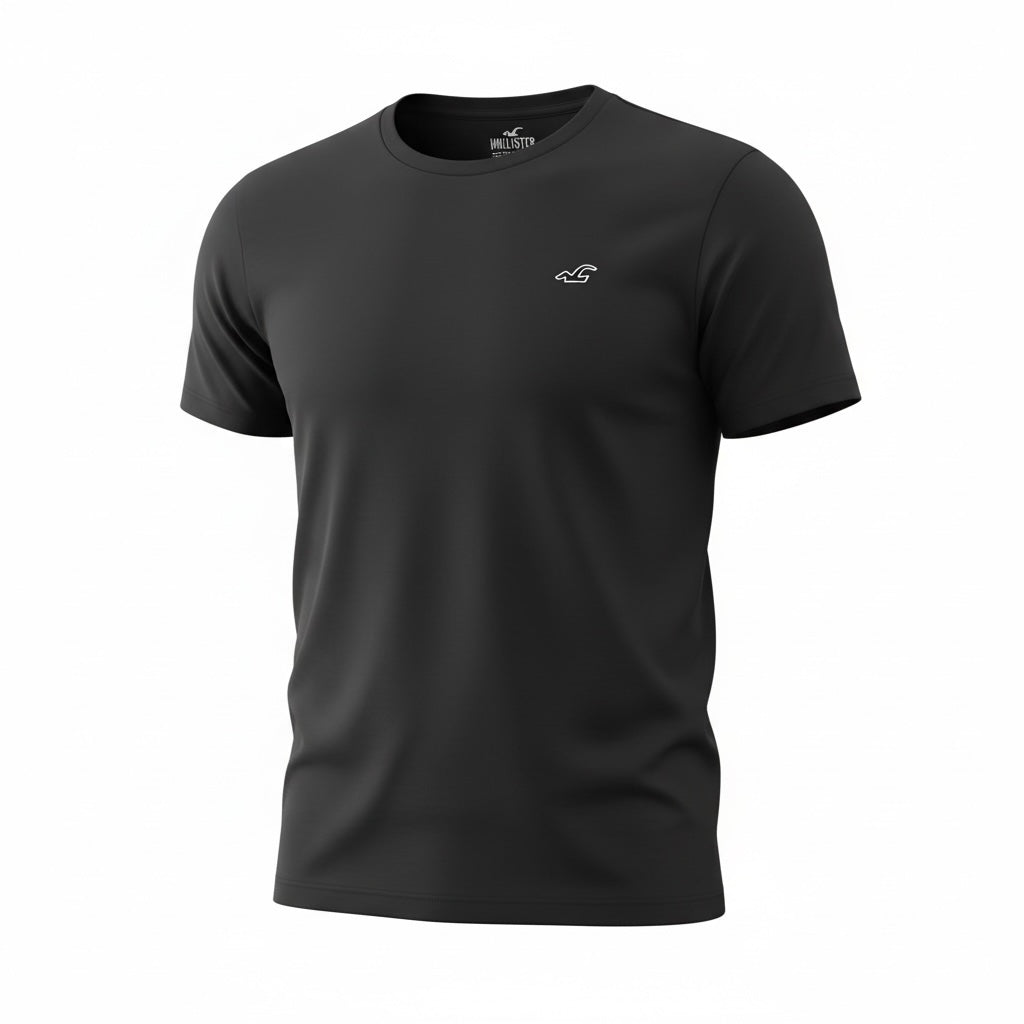 picknpack Hollister black crew neck short sleeve t-shirt with small embroidered chest logo in soft-touch fabric