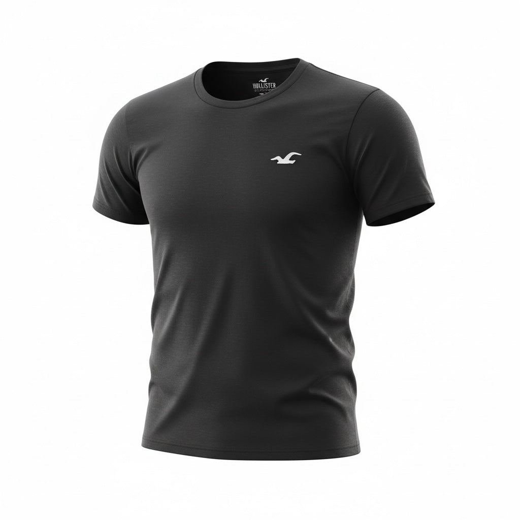 picknpack Hollister black crew neck short sleeve t-shirt with signature embroidered logo on the chest