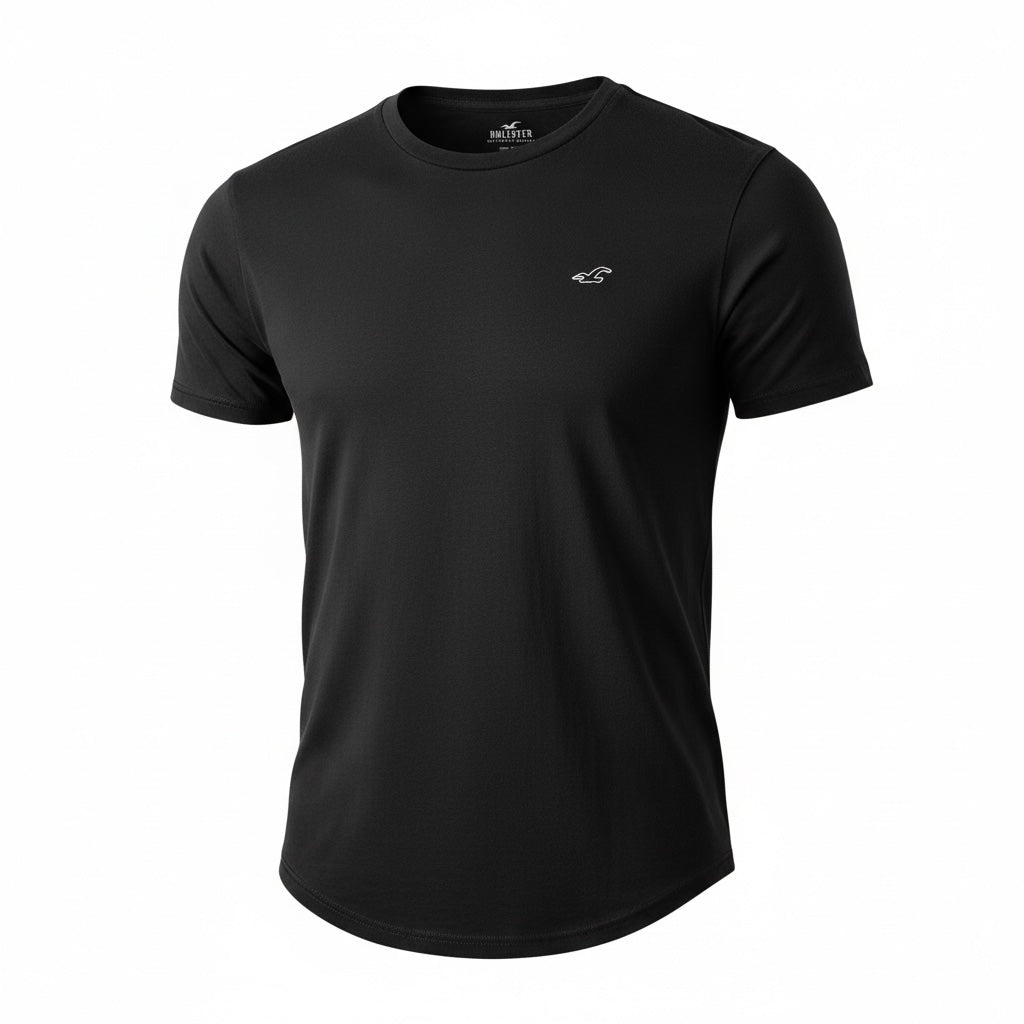 picknpack Hollister black crew neck short sleeve t-shirt with embroidered chest logo and curved hem
