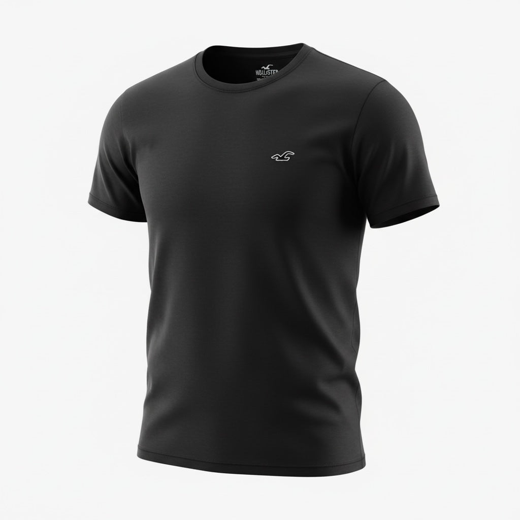 picknpack Hollister black crew neck short sleeve t-shirt with embroidered chest logo on a clean white background