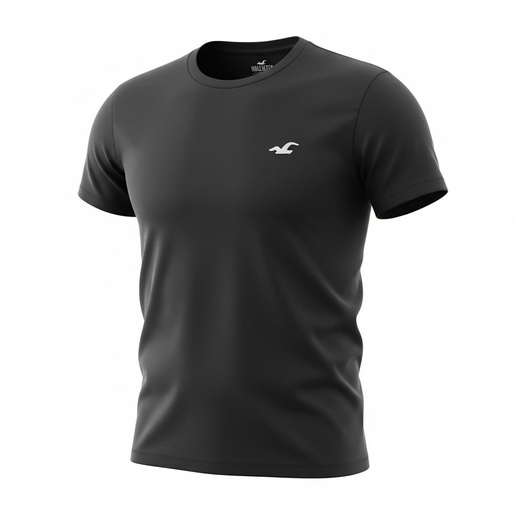 picknpack Hollister black crew neck short sleeve t-shirt with subtle white embroidered logo on the chest