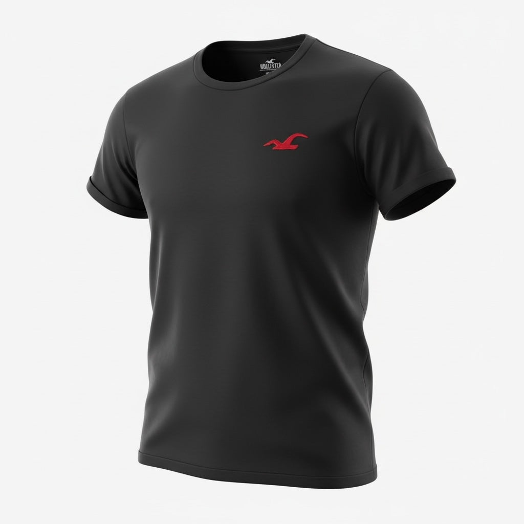picknpack Hollister black crew neck t-shirt with a red embroidered logo on the chest in a slim-fit style.
