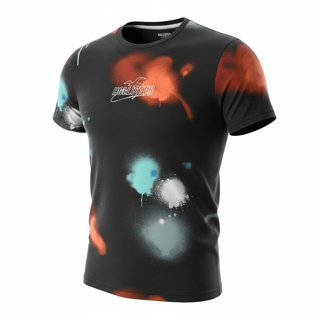 picknpack Hollister black crew neck t-shirt with vibrant multi-colored spray paint splatter graphic on the chest