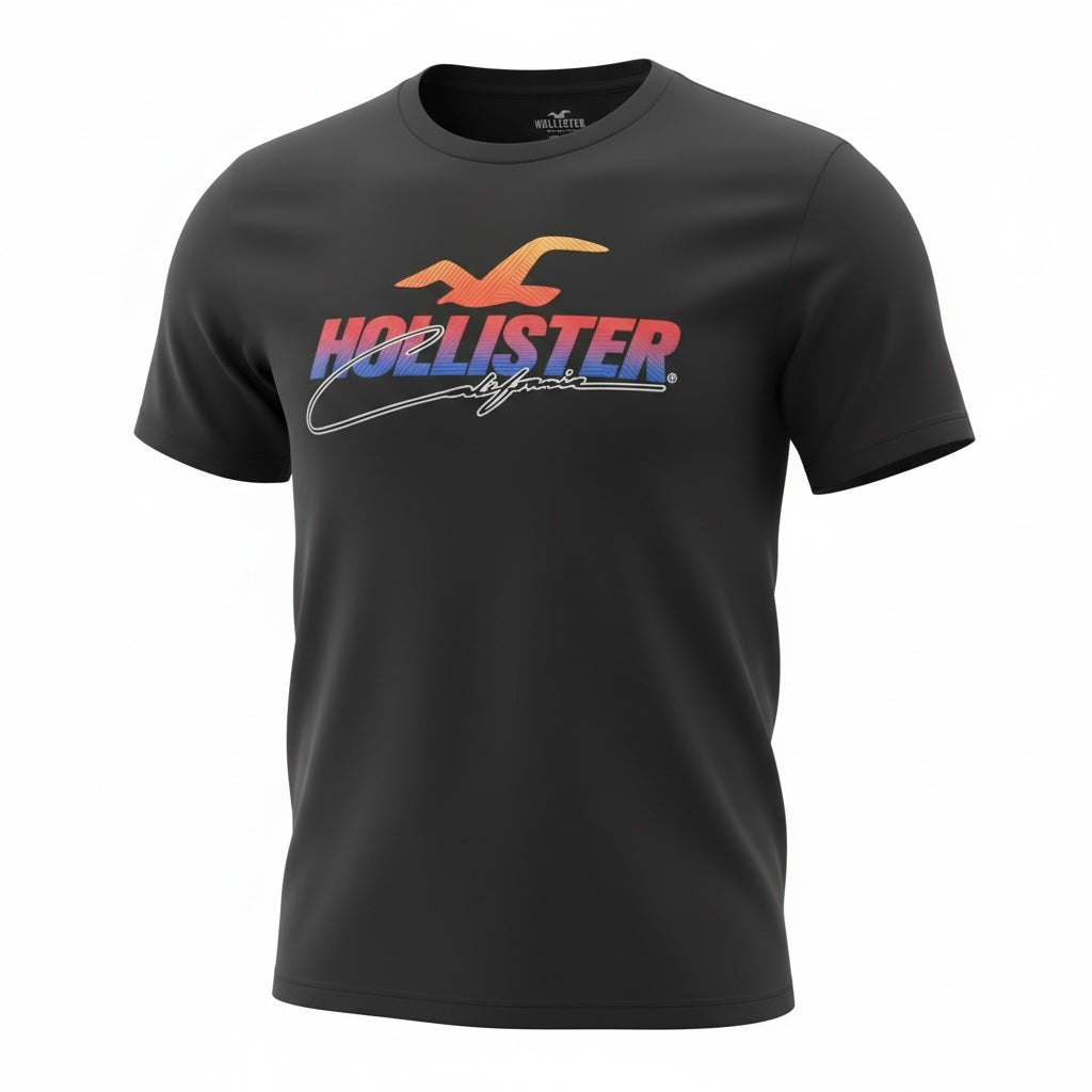 picknpack Hollister black crew neck t-shirt with a vibrant sunset-inspired gradient logo graphic on the chest.