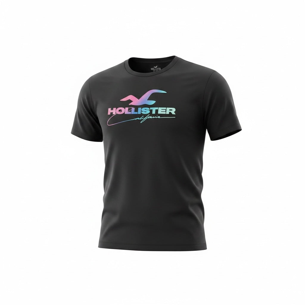 picknpack Hollister black crew neck t-shirt with a multi-colored gradient logo graphic on the chest