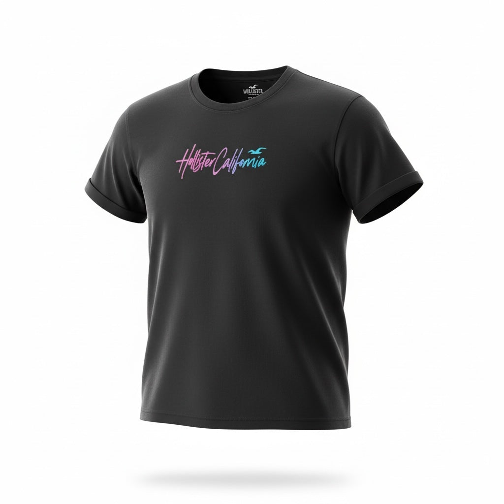 picknpack black Hollister short sleeve crew neck t-shirt with a pink and blue gradient script logo on the chest