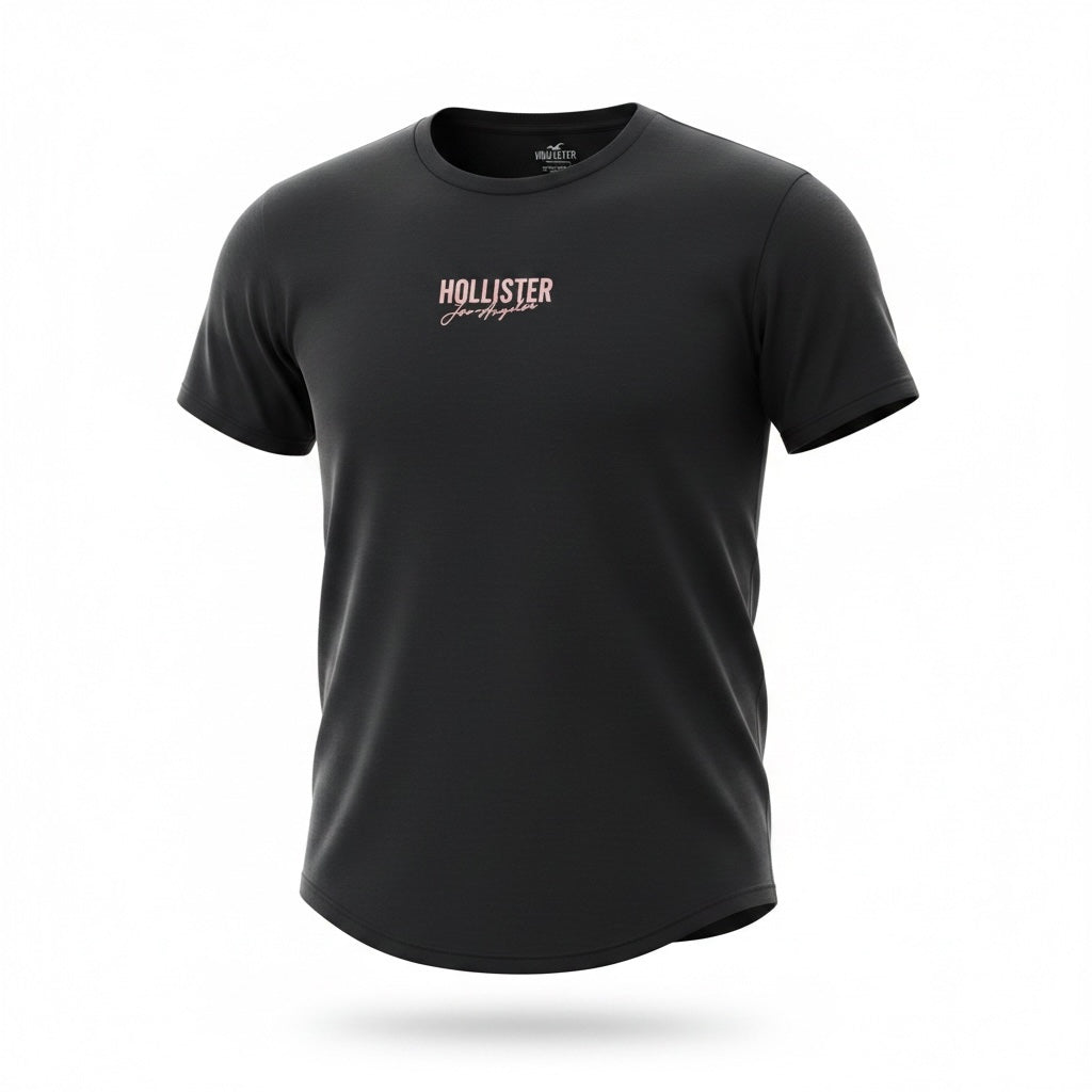 picknpack Hollister black crew neck t-shirt with pink script logo and curved hem