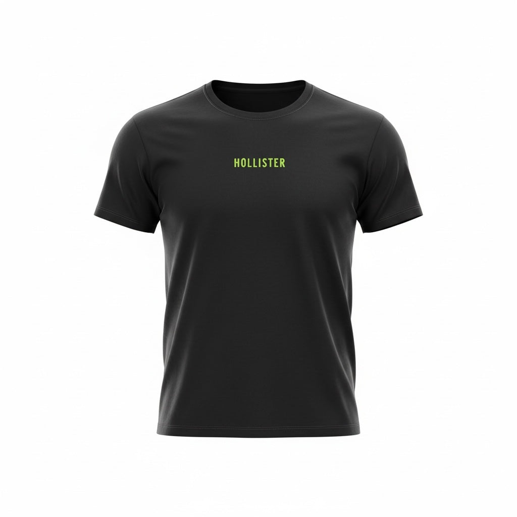 picknpack Hollister black crew neck t-shirt with a vibrant lime-green chest logo, crafted from soft breathable fabric.