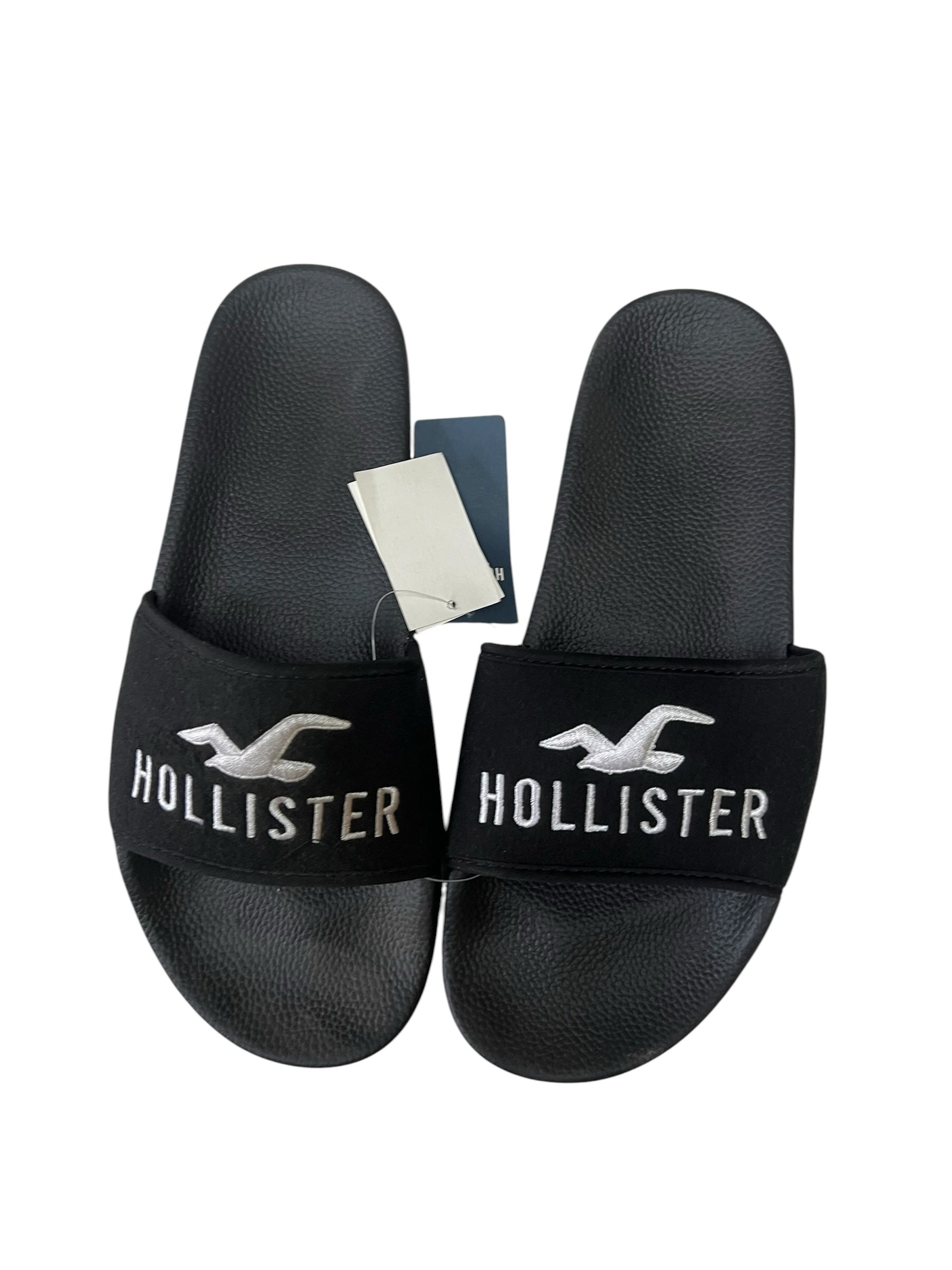 picknpack black Hollister pool slide sandals with white embroidered logo and contoured footbed
