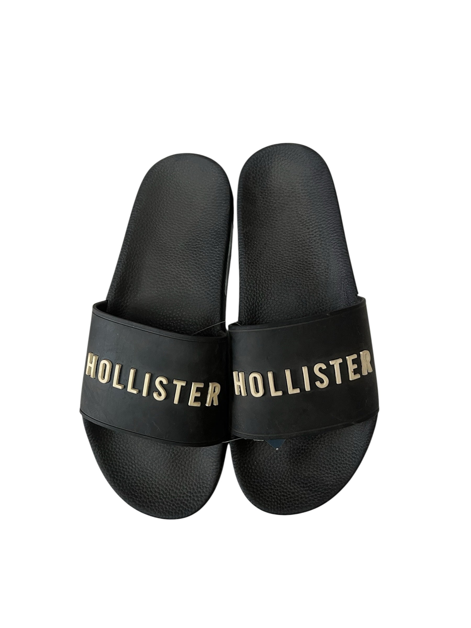 picknpack Hollister black pool slide sandals with gold logo lettering on the wide strap